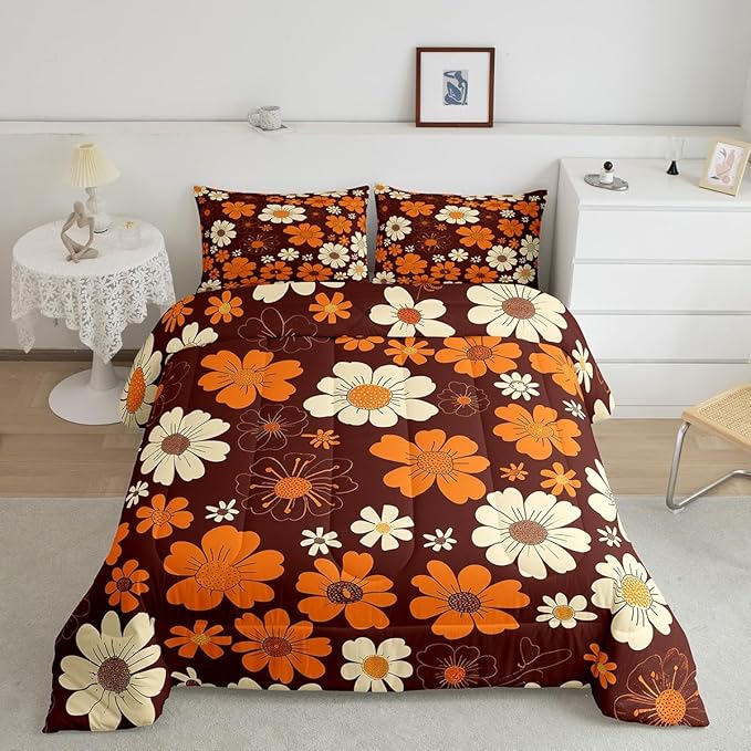 Castle Fairy 70s Groovy Flowers Bedding Comforters Queen Size,Hippie Retro Farmhouse Plant Comforter Set with 2 Pillowcases,Brown White Yellow Floral 3pcs Children Adult Duvet Set,Soft