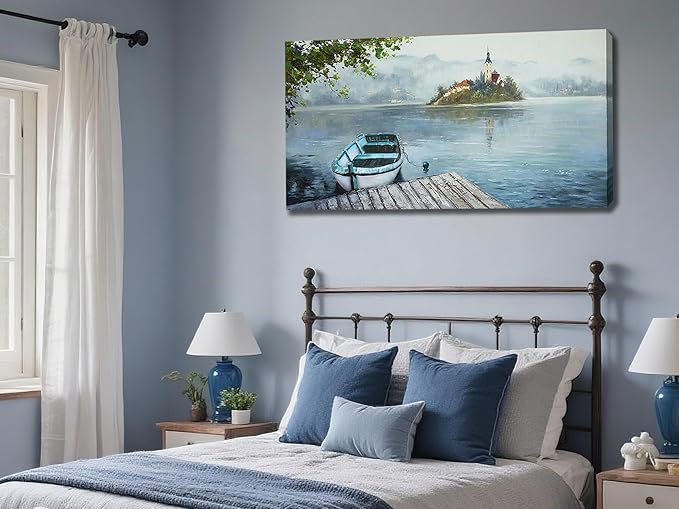 Ardemy Lake Canvas Wall Art Landscape Boat Pictures Wall Decor Living Room Scenic Artwork Painting Bedroom Ktchen Dining Room Home Office, 40"x20"