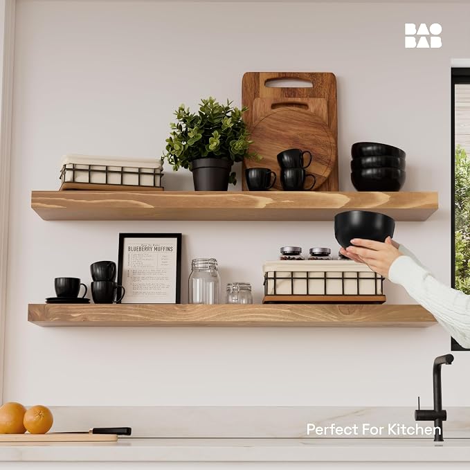 BAOBAB WORKSHOP Natural Wood Floating Shelves for Wall 36 Inches Long, Heavy Duty Wall Shelf for Bedroom, Solid Wooden Bathroom Shelf Large Kitchen Farmhouse, Oak Floating Shelf, 36W × 6.7D, Set of 2