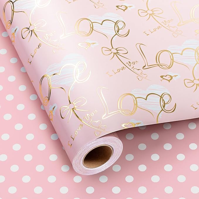 Burymento Pink Gold Love Bow Wrapping Paper, Reversible Pink Dot Design Gift Wrap for Baby Shower, Birthday, Valentines, Mothers day, Graduation, Wedding, Fathers day, Christmas (17 Inch X 32.8 Feet)