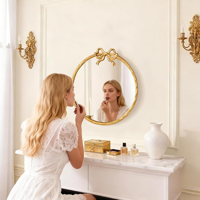 2026 Spring Women's Gifts 16 Inch Vintage Gold Round Wall Mirror, Antique Ornate Metal Circle Mirror with Baroque Bow Decor for Bathroom Vanity, Bedroom(Gold, 16" Lx16 W)