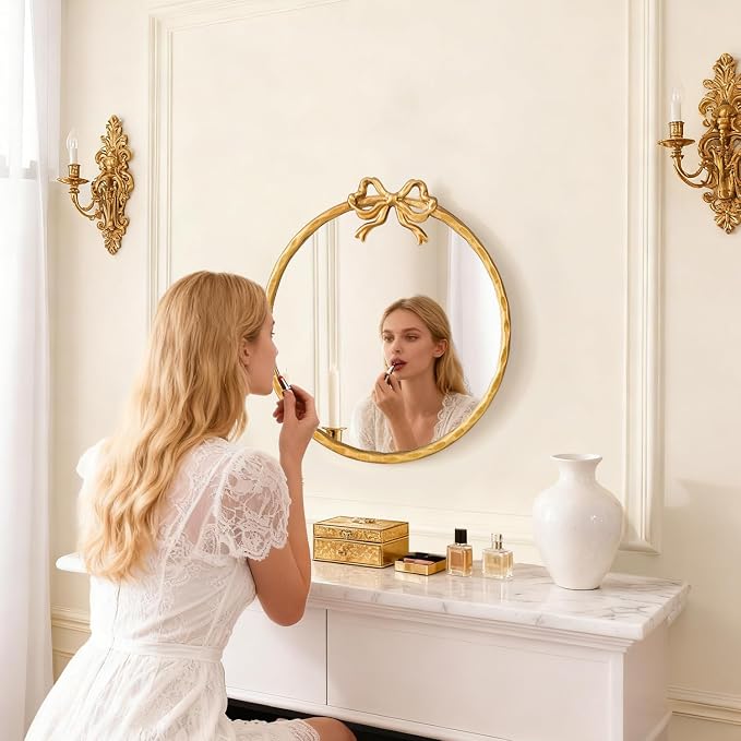 12 Inch Round Gold Mirror, Vintage Gold Mirror, Round Mirrors for Wall Decor, Antique Ornate Metal Circle Mirror with Baroque Bow for Bathroom Vanity Bedroom, Spring Women's Gift