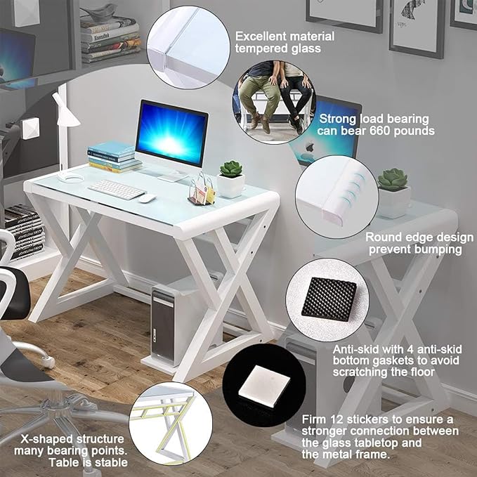 SAMERY Computer Desk & Gaming Desk, Home Office Desks 55.1 Inch- Modern Simple Writing Study White Glass Computer Desk Space-Saving Multipurpose Workstation with Metal Frame…