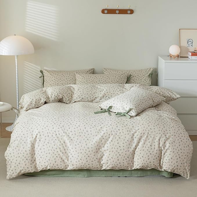 VM VOUGEMARKET Queen Comforter Set Green Floral Prints,Cottagecore Blooming Bedding Set,1 Down Alternative with 2 Bowknot Pillowcases for All Seasons-90 x90