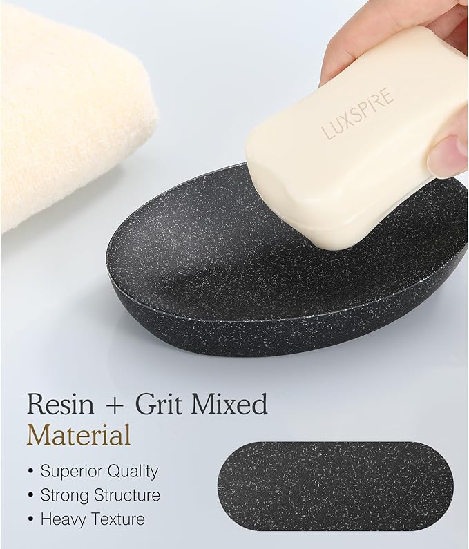 Luxspire Soap Dish 2 Packs, Resin Soap Tray Soap Holder Container Box, Marble Pattern Oval Soap Plate Case, Sponge Dish Scrubbers Tray Holder for Bathroom Vanity Shower Kitchen Sink, Gravel Black
