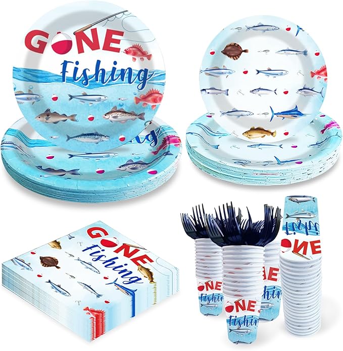 Gone Fishing Birthday Party Plates and Napkins Decorations Kit, Ofishally One Fisherman Tableware Supplies for Birthday Little Fisherman Favors Party Decor Service 24 Guests