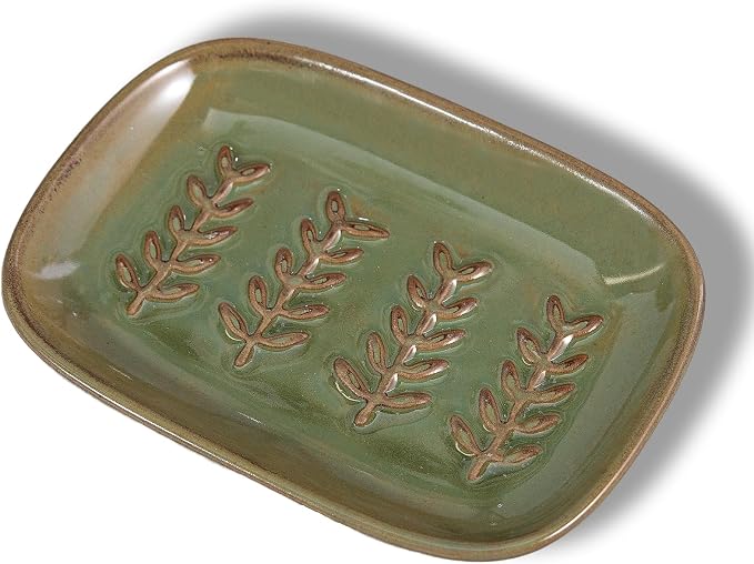 HighHerz Aesthetic Ceramic Soap Dish for Shower, Soap Holder with Raised Relief, Shower Soap Dish for Shampoo Bar Or Sponge, Soap Saver for Bathroom, Kitchen, Sink, Decorative Soap Tray (Green)