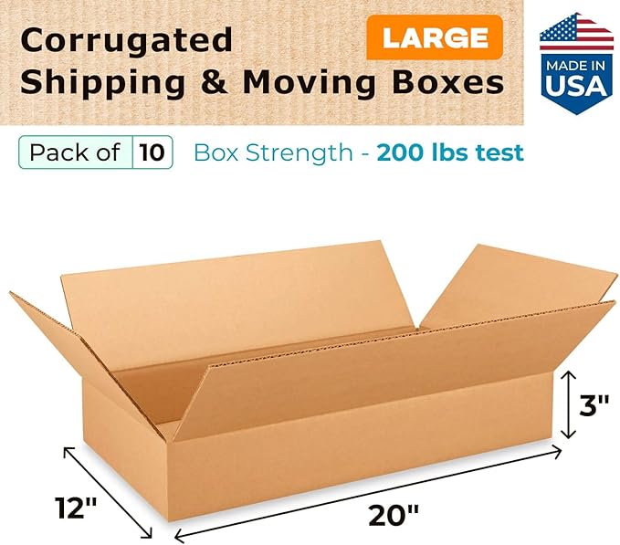Large Shipping & Moving Boxes 20x12x3 inches (10-Pack) - Extra Strength 200 lb vs Regular - Corrugated Packing Boxes for Moving - Cardboard Box for Delivering - Packing Box by IDL Packaging