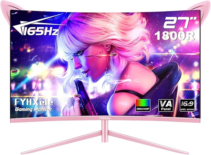 FY27QHP Pink Monitor 27 Inch Curved Gaming 165Hz - Support 144Hz 1800R 1ms QHD 2560 x 1440P VA Screen, Built-in Speakers, AMD Free-Sync, HDMI, DP, USB, AUX, Tilt Adjustable