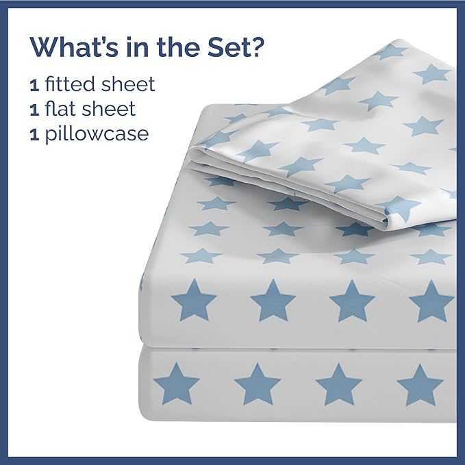 Kids Blue Stars Twin 3 Piece Sheet Set - Boys, Girls, Teens, Toddler - Easy Fit Deep Pockets - Breathable, Hotel Quality Sheets - Machine Washable - Wrinkle Free - Cute, Cozy, Soft - CGK Linens