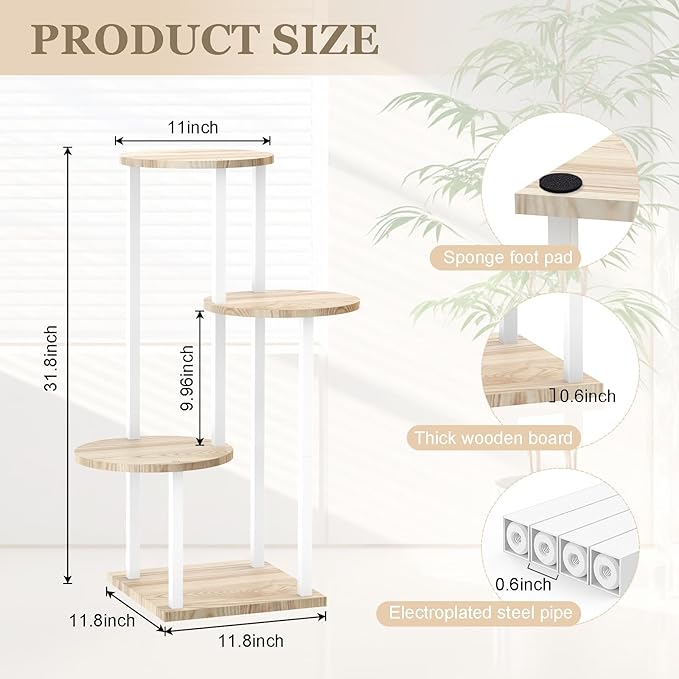 4 Tier White Metal Wooden Tall Plant Stand Indoor Shelf Flower Pot Holder for Multiple Plants, Corner Display Rack for Living Room Balcony Patio Garden