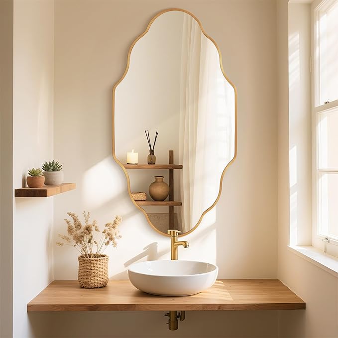 Scalloped Mirror for Bathroom - 24"x36" Gold Bathroom Mirror with Aviation Aluminum Alloy Frame & Shatter-Proof Glass for Living Room Bedroom Entryway, Brushed Gold Frame(x1)