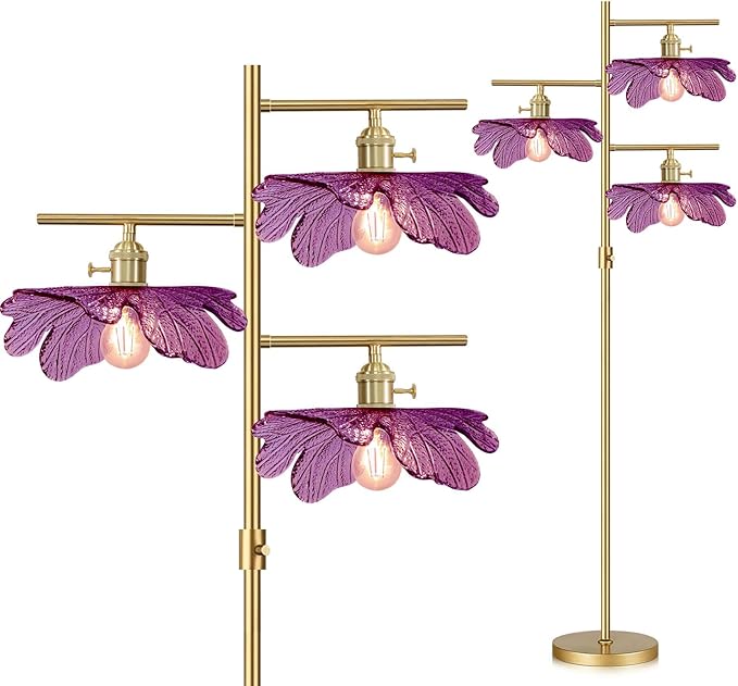 Dimmable tall floor lamp for Living Room 65" mid century modern floor lamp ,3 Lights Gold Standing Lamps vintage floor lamps Purple glass Flower floor light for Bedroom corner Study Office Home