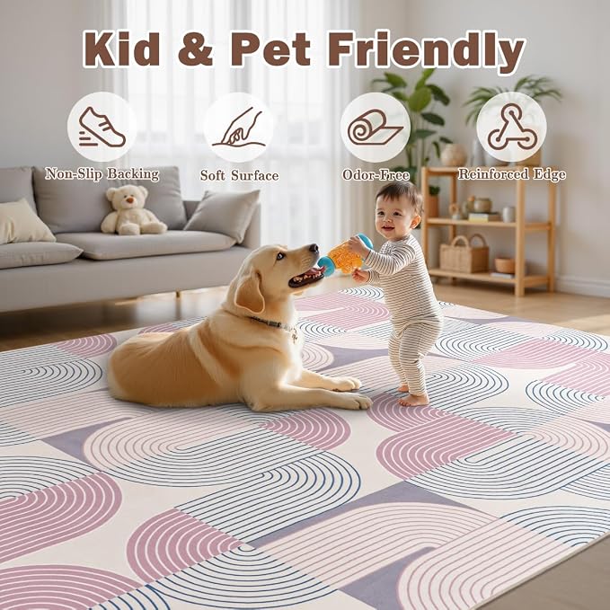 Large 8x10 Area Rugs Living Room-Soft Modern Geometric Pink Rug for Bedroom, Washable Non-Slip Indoor Floor Boho Abstract Carpet for Dining Room Nursery Home，Pink/Purple