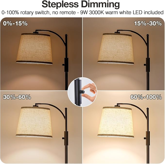 AIDENOEY Fully Dimmable Floor Lamp for Living Room，Standing Lamp Rotary Switch with Table&Linen Beige Shade，Brown Tall Lamps for Bedroom with Adjust Head，9W LED Bulb Included