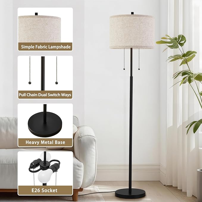 Luvkczc Floor Lamp, 62" Standing Lamp Tall Lamp with Fabric Lampshade&Pull Chain Corner Floor Lamps for Living Room, Bedroom,Office, 2 Bulb Socket