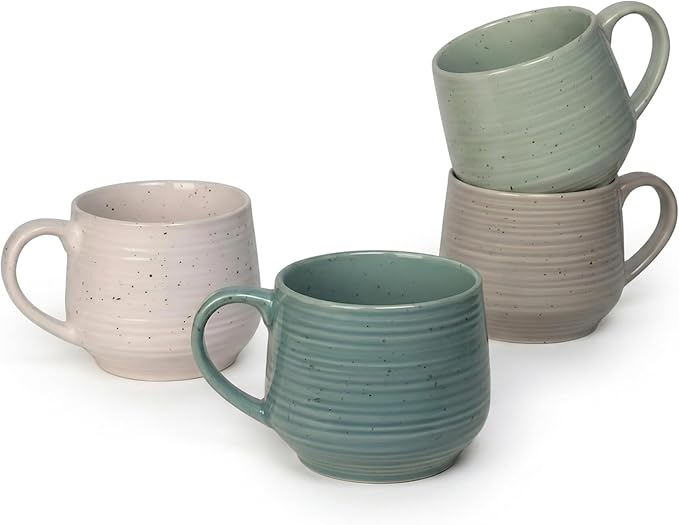 Sango Siterra Artist's Blend 17 oz. Stoneware Mug Set- Service for 4, Rustic Design, Green/White/Beige, Scratch-Resistant, Microwave & Dishwasher Safe, for Everyday Dining & Entertainment