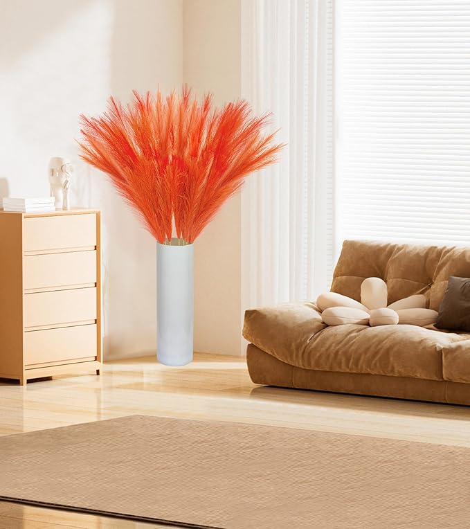 9 Pcs 45" Tall Pampas Grass Orange Decor, Long Stem Artificial Flower Floor Vase Large Faux Floral Pompas Fake Plants Dried Bouquet Arrangement Vase Filler for Boho Home Wedding Decoration
