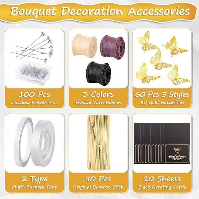 ROADPLUM 20 Sheets Flower Wrapping Paper, Black Bouquet Wrapping Paper Accessories with 100 Diamond Pins 60 Gold Butterflies 3 Ribbon 10 Cards 90 Bamboo Stick, DIY Floral Bouquet Supplies