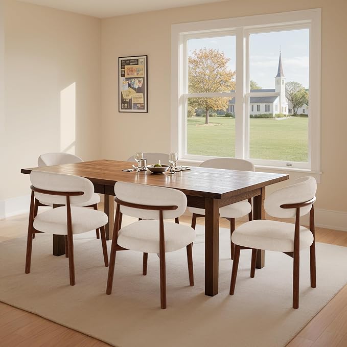 Farmhouse Dining Chairs Set of 6, Mid Century Modern Fabric Upholstered Kitchen Chairs, Wooden Dining Room Chair with Curved Back for Kitchen Dining Room Restaurant Cafe, Light Camel (Only Chairs)