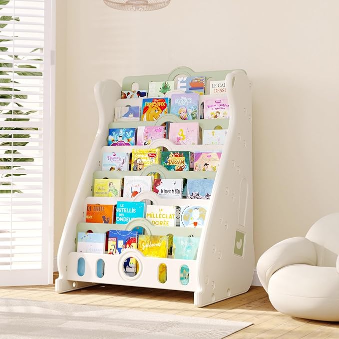 Kids Bookshelf for Toddlers, 7 Tier White Bookcase for Kids Bedroom/Nursery/Classroom, Corner Bookshelf Book Storage Organization Montessori Baby Book Storage Shelf (Green-7-Tier Bookcase)