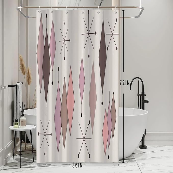 Mid Century Shower Curtain Vintage Abstract Pink Brown Diamond Geometric Atomic Starburst Pattern for 1950s Retro Bathroom Decor Accessories Shower Curtain Set with 12 Hooks, 36x72 Inches