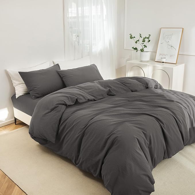 JIYUAN 100% Washed Cotton Duvet Cover Set 3 Pieces Queen, 1 Duvet Cover 90x90 Inches(Comforter Not Included) and 2 Pillowcases,Linen Feel Bedding Set Comfy and Breathable,Solid Dark Grey