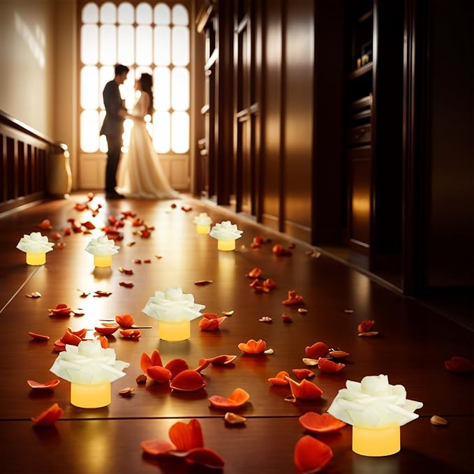 12 Pack Led Candles with Artificial Flowers, 200+Hour Battery Operated Tea Lights Candles for Centerpiece Table, Party, Wedding Decorations(White)