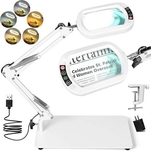 Drdefi 10X Magnifying Glass with Light - LED Lighted, Stepless Dimmable, Hands-Free Desk Lamp | White