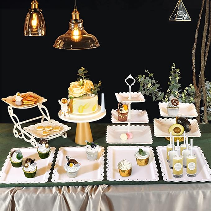 10 Pcs Cake Stand White Plastic Dessert Table Display Set 4 Pcs 3 Tired Cupcake Stand Cookie Tray Rack Serving Tray Cake Display Tower and 6 Pcs Dessert Trays for Wedding Baby Shower Tea Party (White)