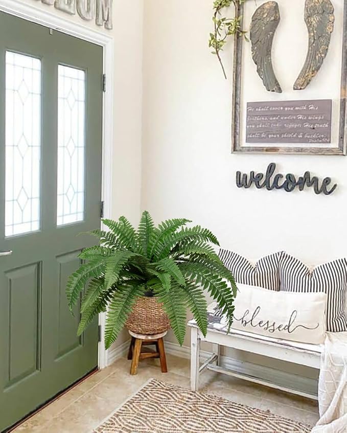 Fake Fern Potted Plant Artificial Boston Ferns in Pot 35 Leaves for Outdoors & Indoor Faux Fern Bush Plant 20inch for Patio Garden Farmhouse Windowsill Office Living Room Decoration Home Decor