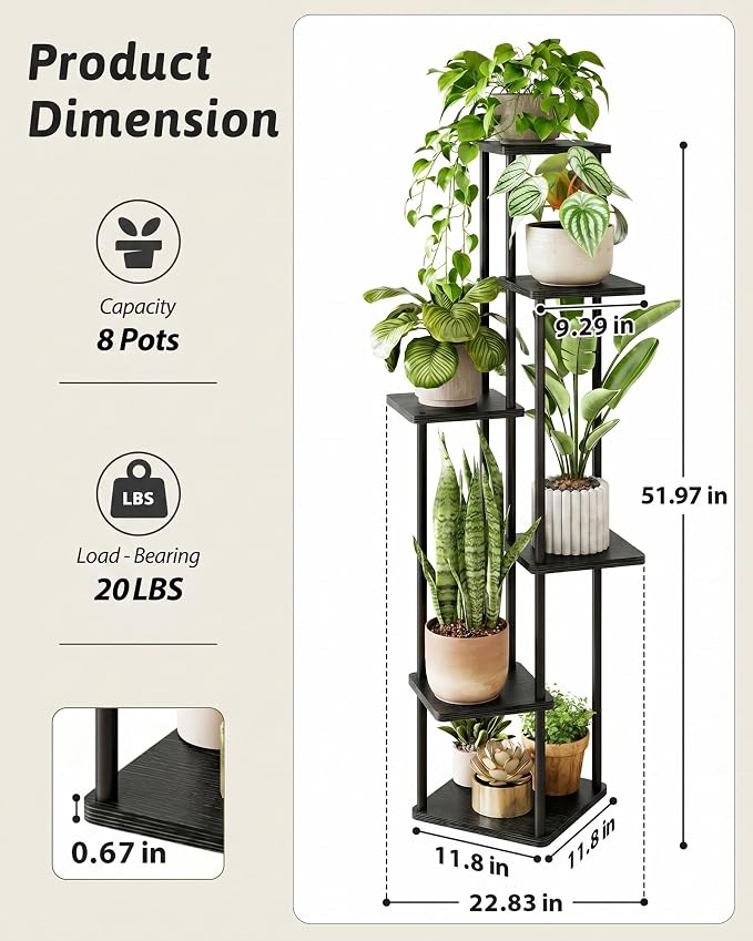 GENTINGBRO Corner Plant Stand Indoor 6 Tiered Plant Shelf for Multiple Plants Tall Plant Stand Shelf Wood Plant Stands Metal Shelving for Living Room Bedroom Balcony Black