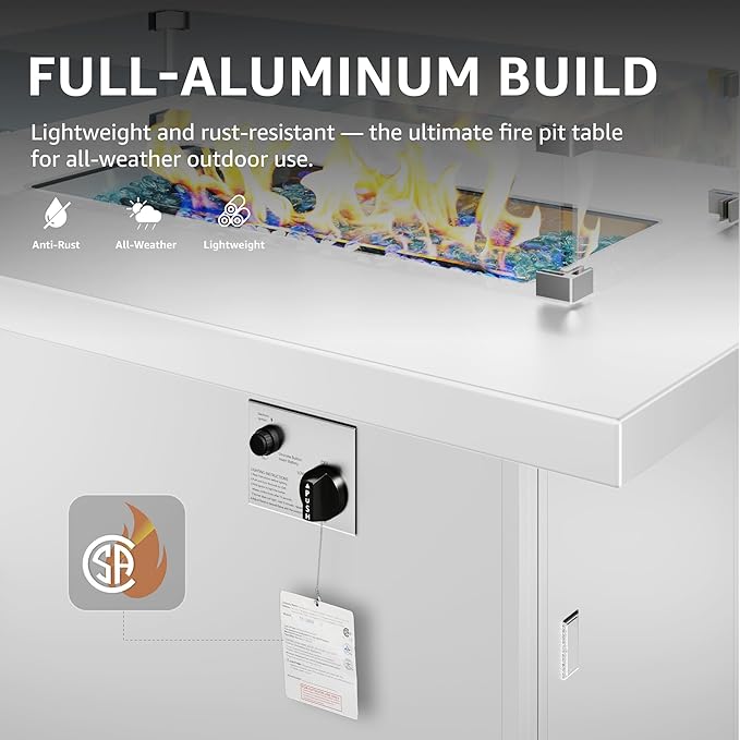 NICESOUL Aluminum Outdoor Propane Fire Pit Table, 60,000 BTU Rectangle Natural Gas Firepits, Rust-Proof All-Weather Fire Table with Wind Guard & Glass Rocks for Patio Outside CSA-Certified, White