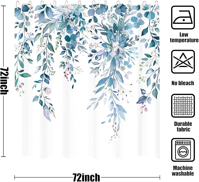 Blue Eucalyptus Shower Curtain Watercolor Floral Plant Leaf Shower Curtains for Bathroom Botanical Flower Waterproof Fabric Bath Curtain Decor with Hooks (Blue, 72'' x 72'')