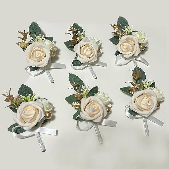 6PCS White Boutonniere for Men, Ivory Boutonniere Pins for Men Groomsmen Guest Boutonniere, Artificial Flowers for Wedding Decor Prom Homecoming