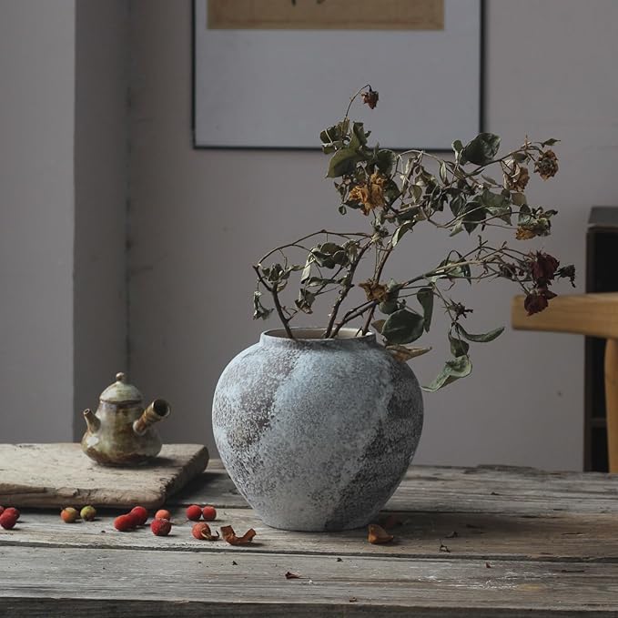 Rustic Distressed Large Ceramic Vase, 8.6 inch Terracotta Pottery Tall Decorative Vases, Concrete Vases Clay Stone Antique Big Vase for Home Decor (Round 8.6 in X 8 in)