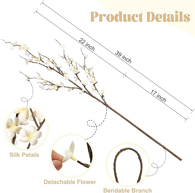 4Pcs Cherry Blossom Branches Artificial Flowers for Spring Summer Indoor Decoration,Faux Long Stem Artificial Flowers for Wedding Home Office Bedroom Party Table Centerpieces Decor(White)