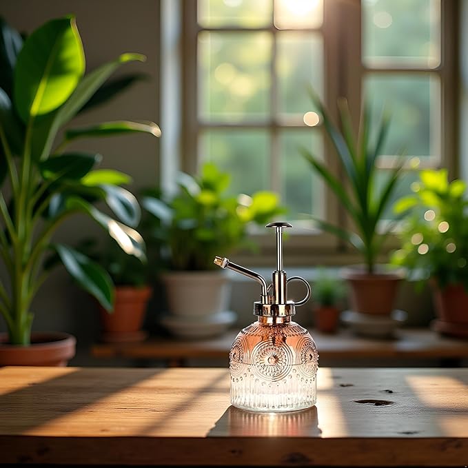 Glass Plant Mister Spray Bottle, 230ML Vintage Plant Spritzer, Succulent Watering Bottle Glass with Top Pump, Small Plants Sprayer Watering Can for Indoor Outdoor House(Gradient Brown)