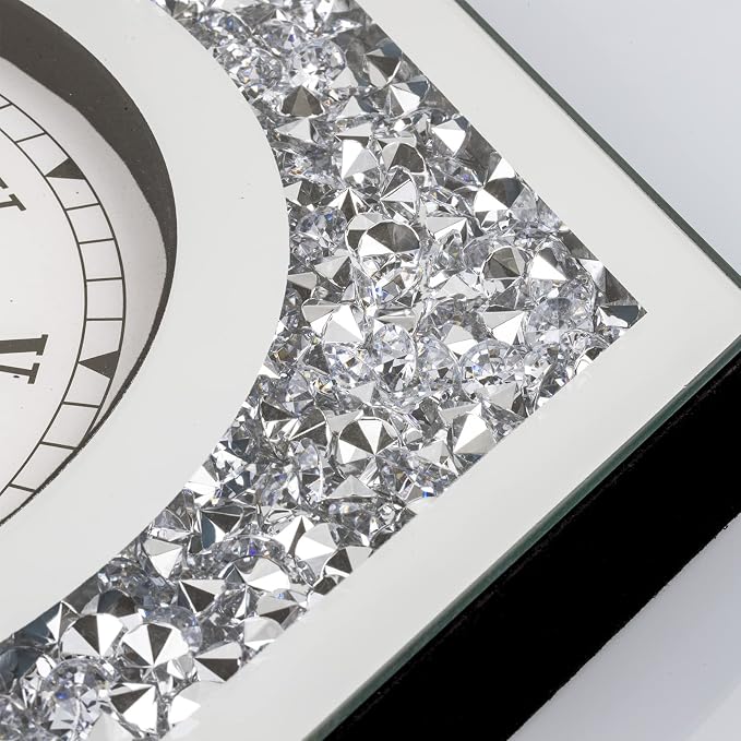 Large Wall Clock for Living Room Decor Crystal Crush Diamond Mirrored Sparkle Twinkle Bling Modern Wall Clock Big Silver Mirror Home Decorative 20 inch Silent Wall Clock for Indoor Decor