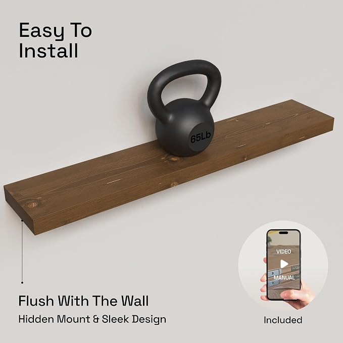 BAOBAB WORKSHOP Solid Wood Floating Shelves for Wall 36 Inches Long, Heavy Duty Wall Shelf for Bedroom 36 Inch Large, Real Wooden Bathroom Shelf Kitchen Rustic, Walnut Shelves, 36W × 6.7D, Set of 2