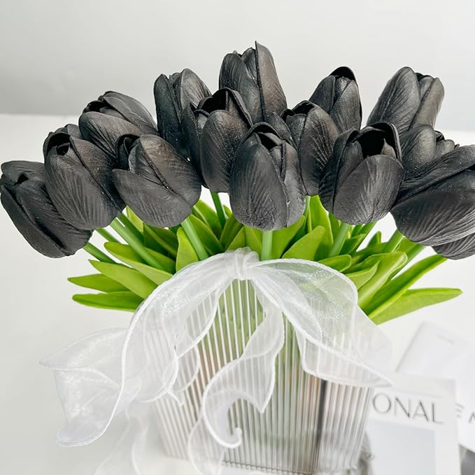 20 Pcs 13” Real Touch Black Tulips Artificial Flowers, Latex Pu Fake Faux Lifelike Flowers with Stems, for Halloween Home Decor Wedding Bouquet