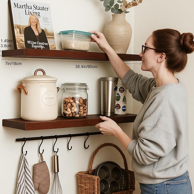 Floating Shelves for Wall, Bathroom Shelves Over Toilet, Wall Shelves & Book Shelf for Room, Hanging Shelf, Modern Wooden Mounted Floating Shelves, 36x7x1.5 in (Walnut-Like, Set of 2)