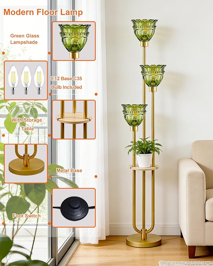 Lightdot 3-Lights Glass Floor Lamp for Living Room Modern Gold Floor Lamp with Green Glass Shade 3000K Bulbs Included Tall Standing Lamp with 5Lb Heavy Base for Bedroom/Sofa Corner Decor-Foot Switch