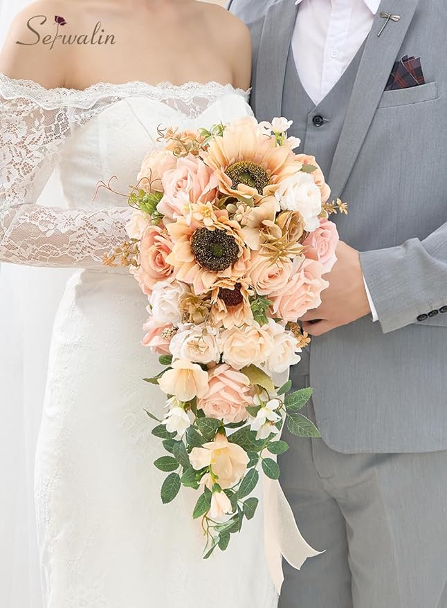 Serwalin 11 Inch Wedding Bouquets for Bride Bridesmaid, Champagne Bridal Bouquets for Bride, Wedding Flowers Bouquet Tossing Bouquet, Wedding Ceremony and Anniversary Day Decor