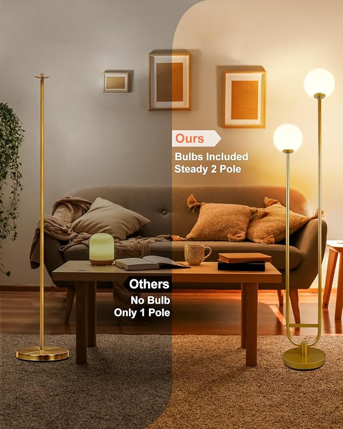 63IN Dimmable Floor Lamp with Shelf, Unique Globe Gold Tall Standing Lamps with 2 Bulbs, 3000K Warmwhite Mid Century Modern Floor Lamp with 5Lbs Heavy Base for Living Room/Bedroom