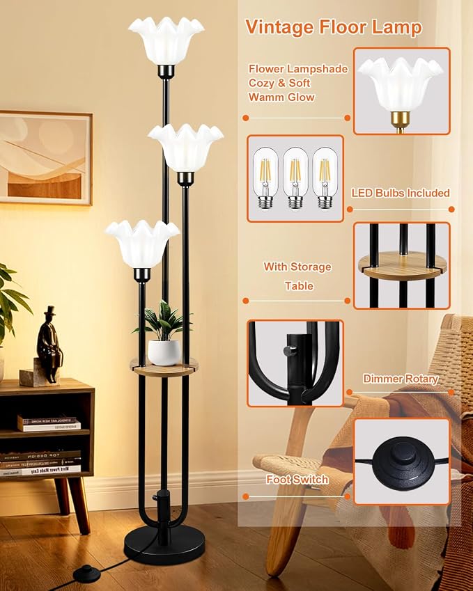 Vintage Flower Floor Lamp for Living Room, Mid Century Modern Floor Lamp Dimmable with Shelf & LED Bulbs, 3 Light 3000K Warmwhite Black Tall Standing Lamp for Bedroom Girls Room Home Decor