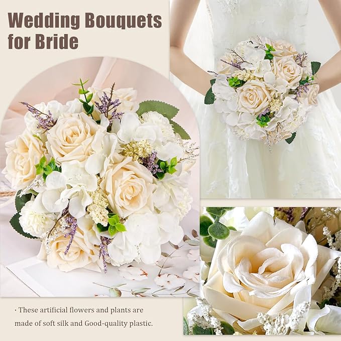 Wedding Bouquets for Bride Bridesmaid,Large Big Bridal Bouquet White Champagne Ivory Artificial Fake Silk Roses Flowers for Wedding French Vintage Boho Rustic Church Decoration Toss Bouquet (9.5in(L))