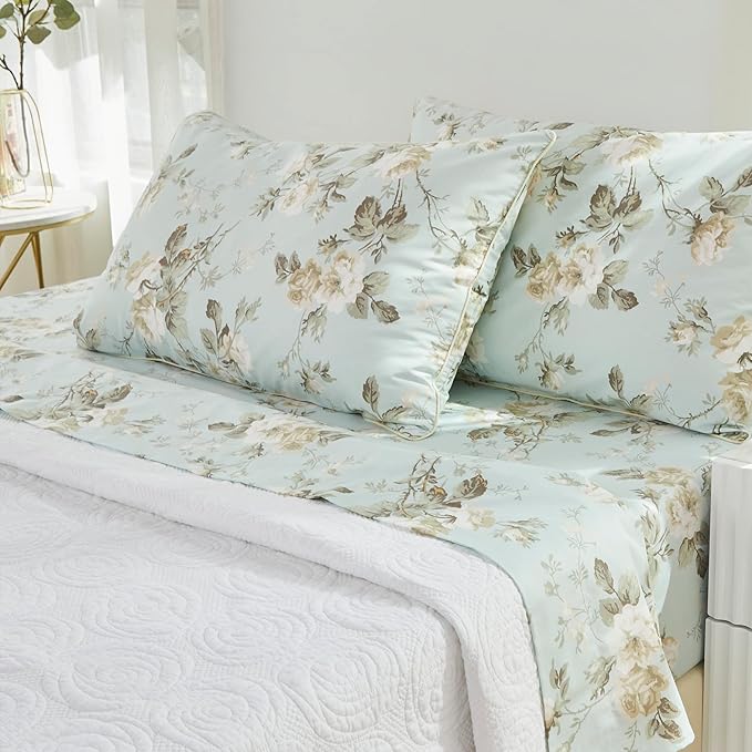 Brandream French Country Garden Toile Floral Print Bed Sheet Set Luxury Bedding Collections 800TC 100% Egyptian Cotton Tapestry Pattern Chinoiserie Peony Blossom Tree Branches, 4Pcs-Queen Size