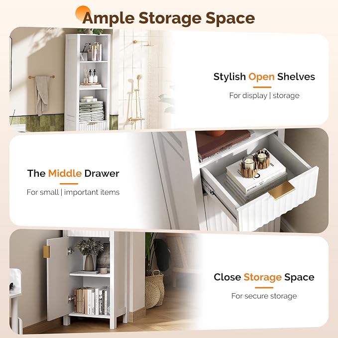 VINGLI 68" Tall Narrow Bathroom Storage Cabinet, Slim Freestanding Floor Cabinet with Fluted Door & Drawer, 12 Inch Deep Skinny Wood Organizer for Small Spaces, Kitchen & Living Room, White