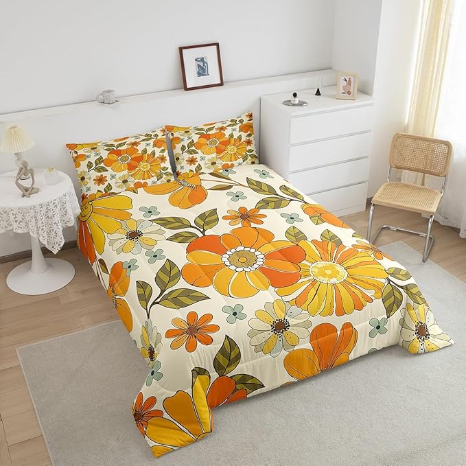 Castle Fairy Kids Retro Flowers Bedding Comforters Queen Size,Watercolor Yellow Floral Green Leaves Plant Comforter Set with 2 Pillowcases,70s Trippy Daisy 3pcs Children Adult Duvet Set,Soft